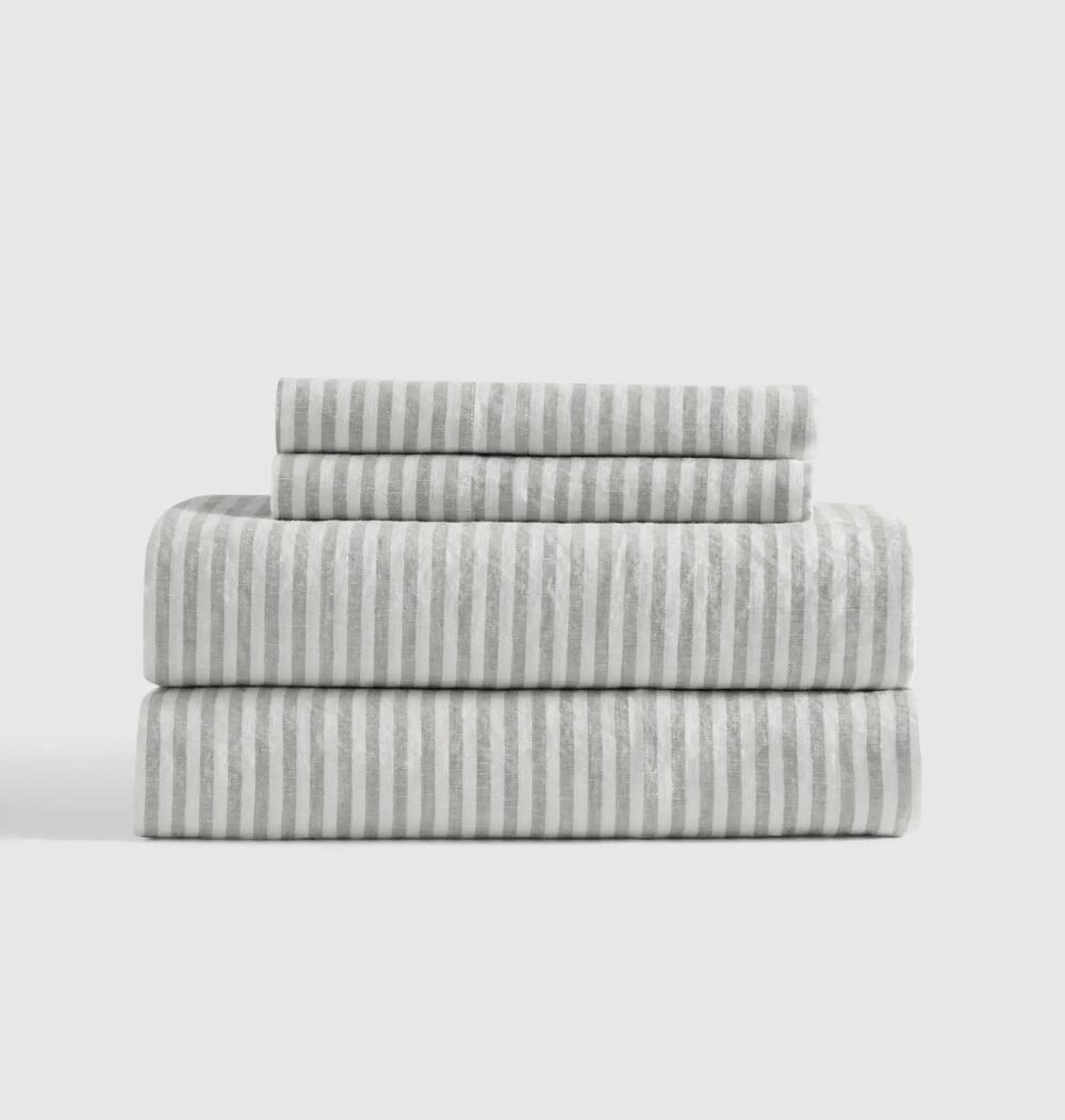New Quince 100% European Flax Linen 4Pc Sheet Set Queen Striped White Gray